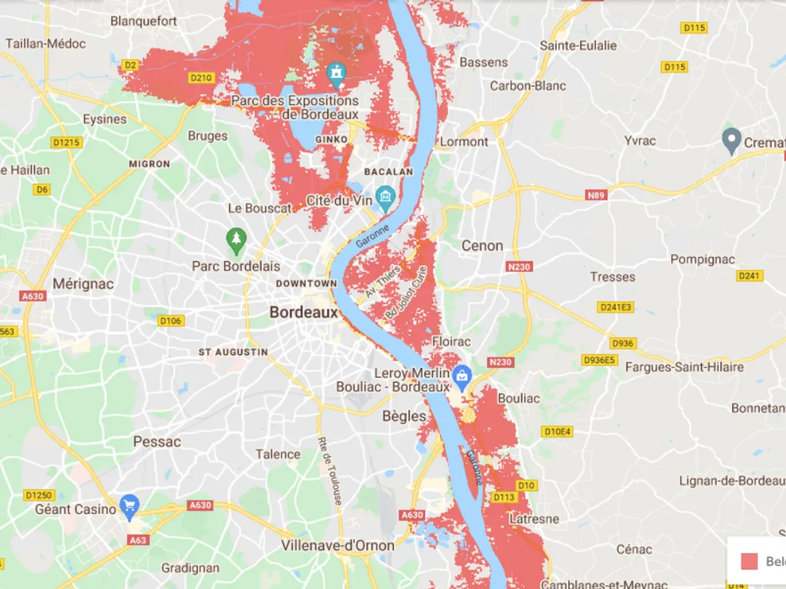 Projection sur carte d'une montée des eaux d'un mètre dans la métropole bordelaise